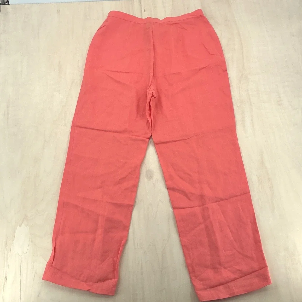 90s DinaK Tailored Linen Trousers Womens M Coral Pink High Waisted Straight Leg
